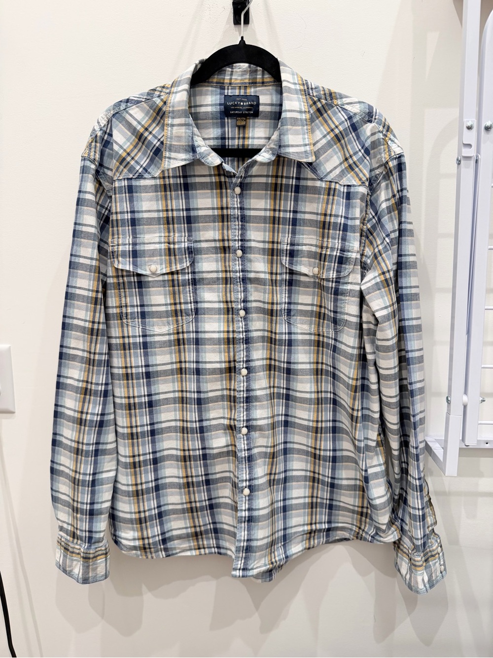 Men's Plaid Button-Up Shirt in Blue, White & Tan